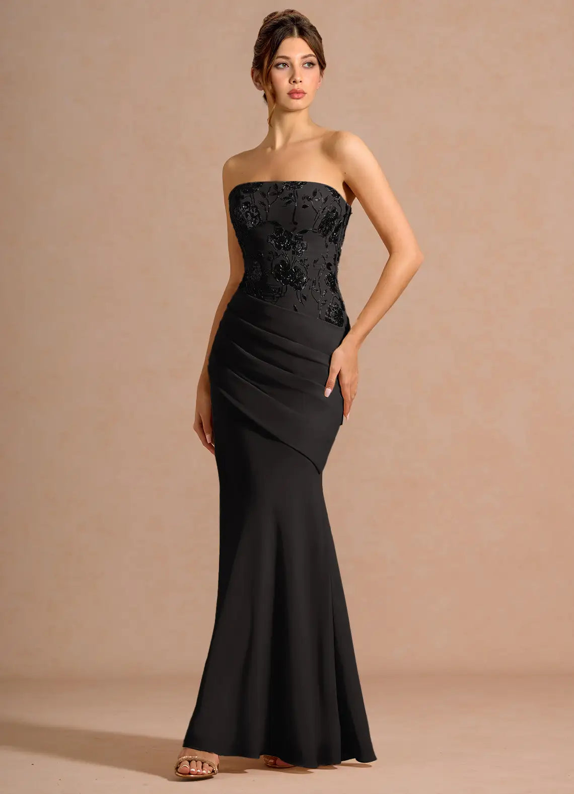 Black Mermaid Strapless Lace Lace-Up Back Ruched Floor-Length Wedding Dress - Yihuiw by Yihuiw