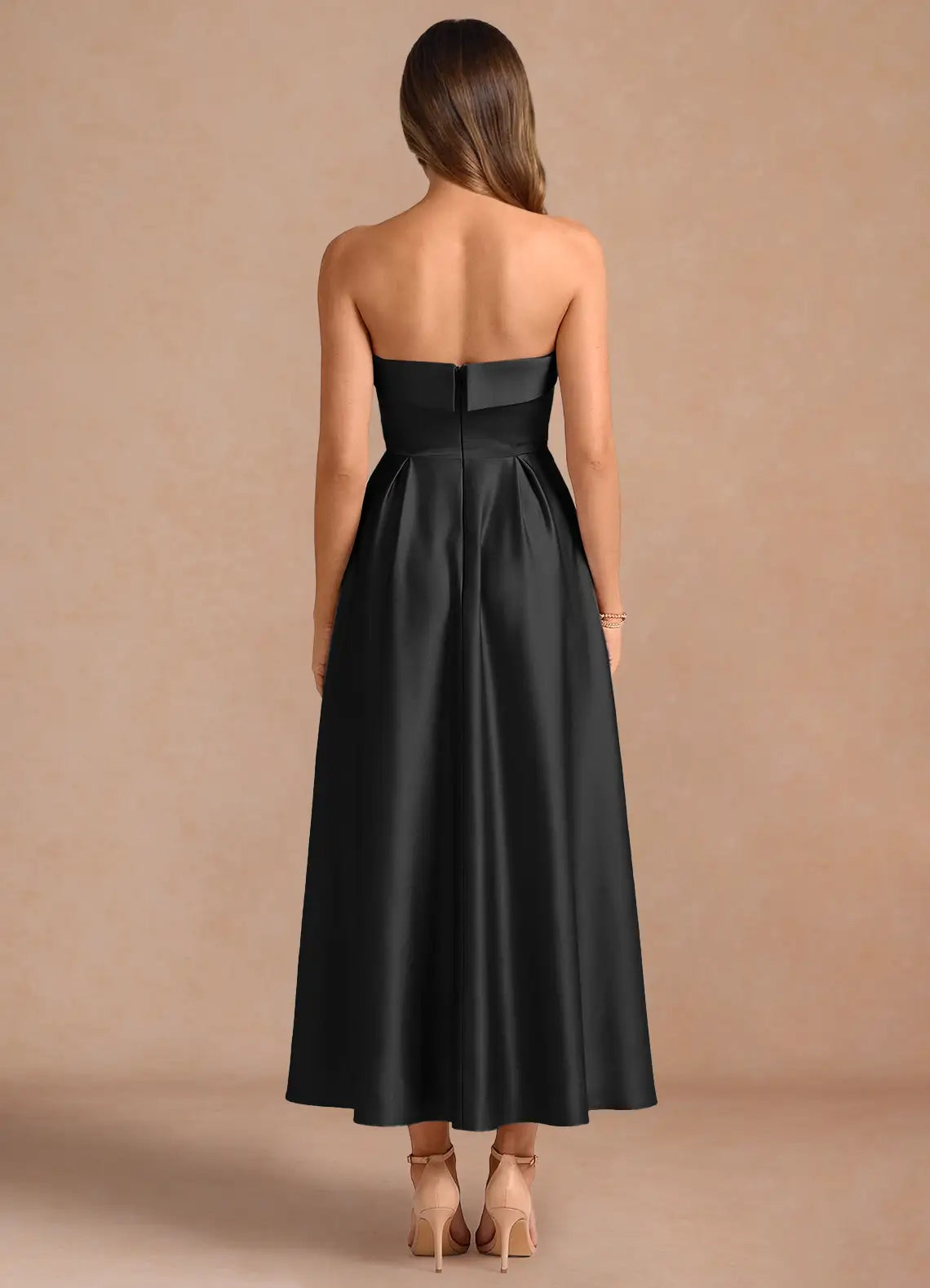Black Strapless Satin Pleated Midi Wedding Dress - Yihuiw by Yihuiw
