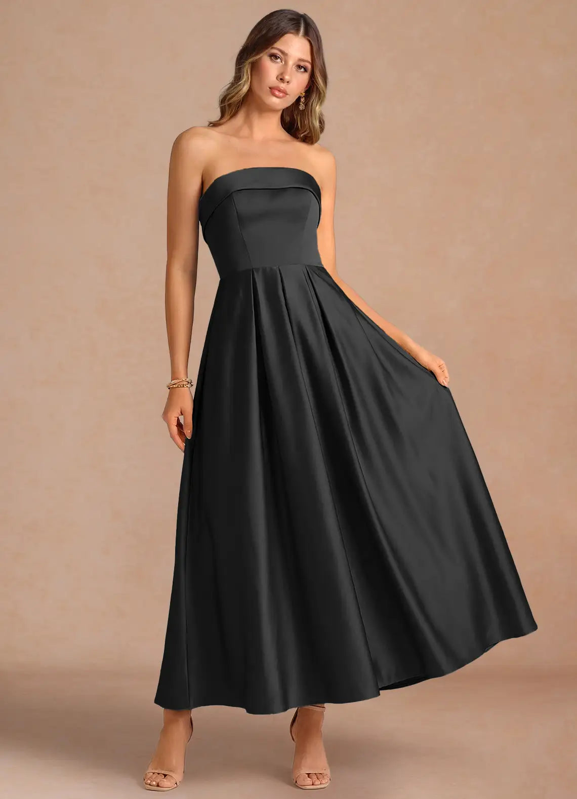 Black Strapless Satin Pleated Midi Wedding Dress - Yihuiw by Yihuiw