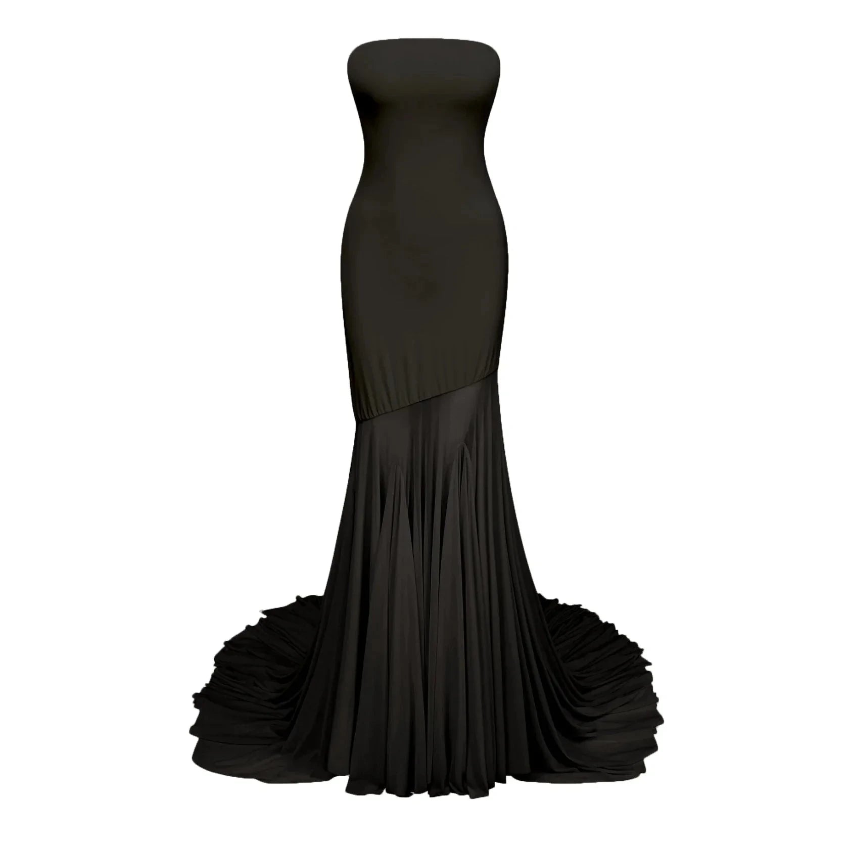 Black Strapless High - Low Maxi Dress with Dramatic Train Black Off-shoulder Sheer Tulle Maxi Dress Evening Dress by YiHuiw