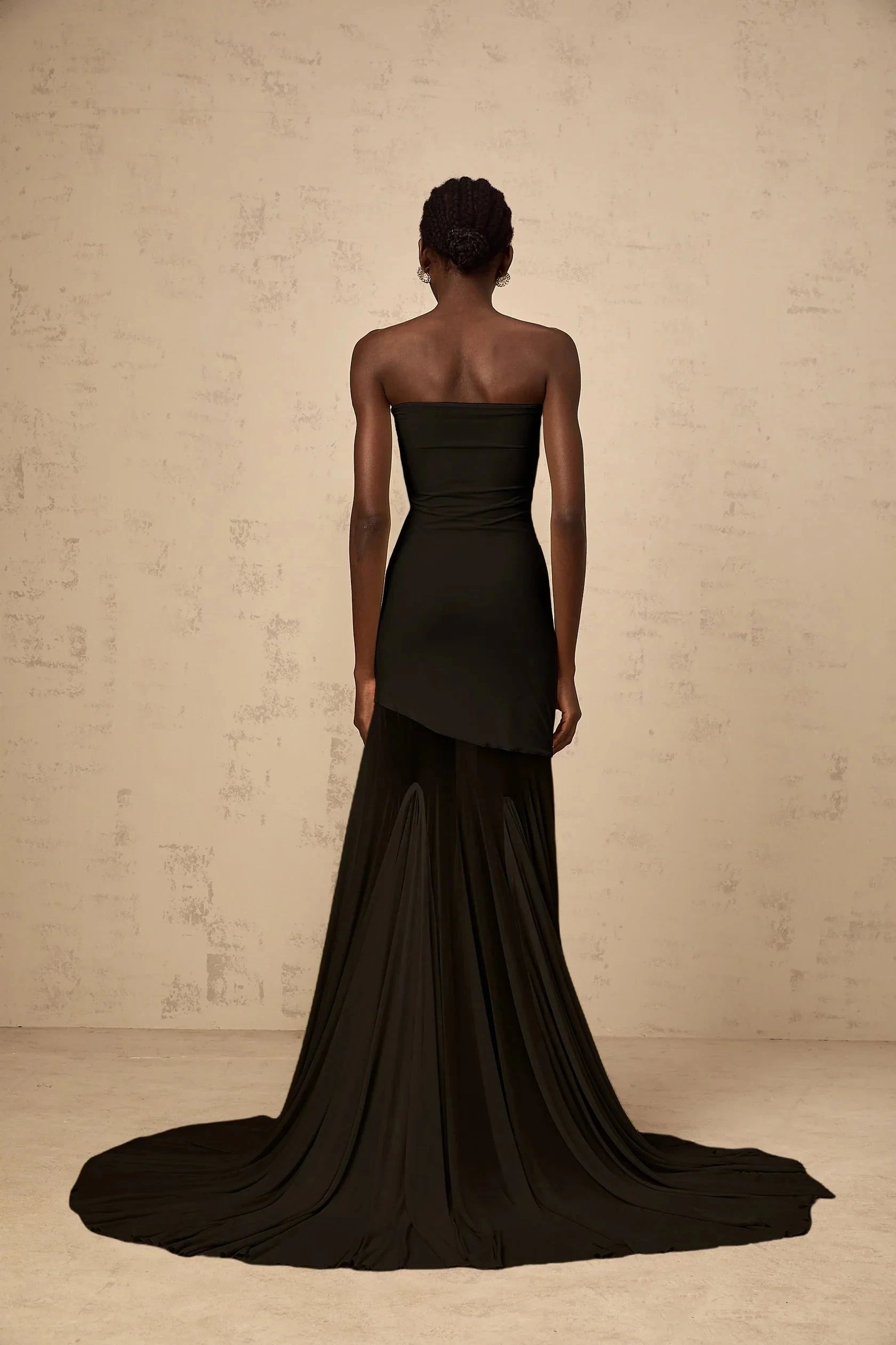 Black Strapless High - Low Maxi Dress with Dramatic Train Black Off-shoulder Sheer Tulle Maxi Dress Evening Dress by YiHuiw