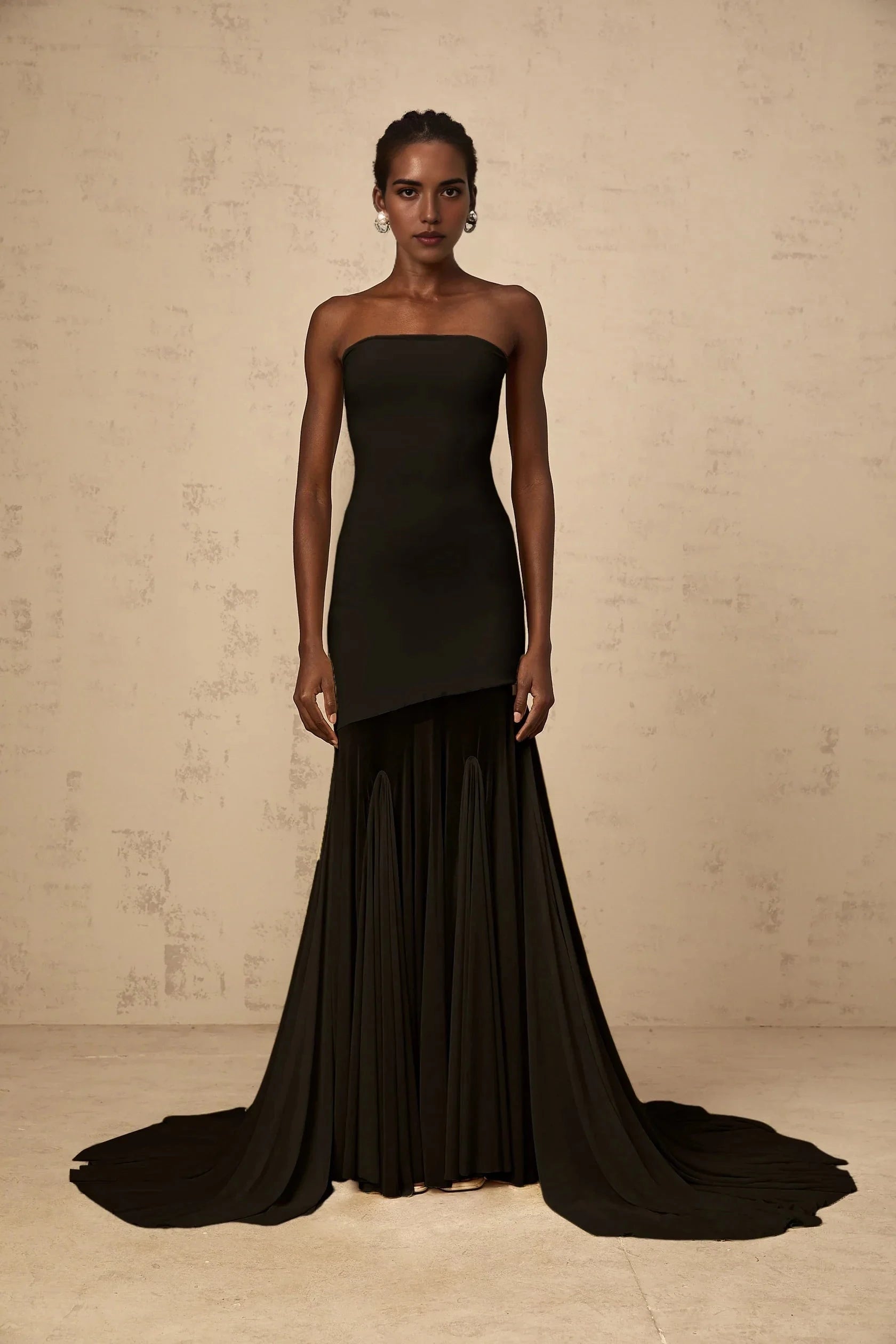 Black Strapless High - Low Maxi Dress with Dramatic Train Black Off-shoulder Sheer Tulle Maxi Dress Evening Dress by YiHuiw