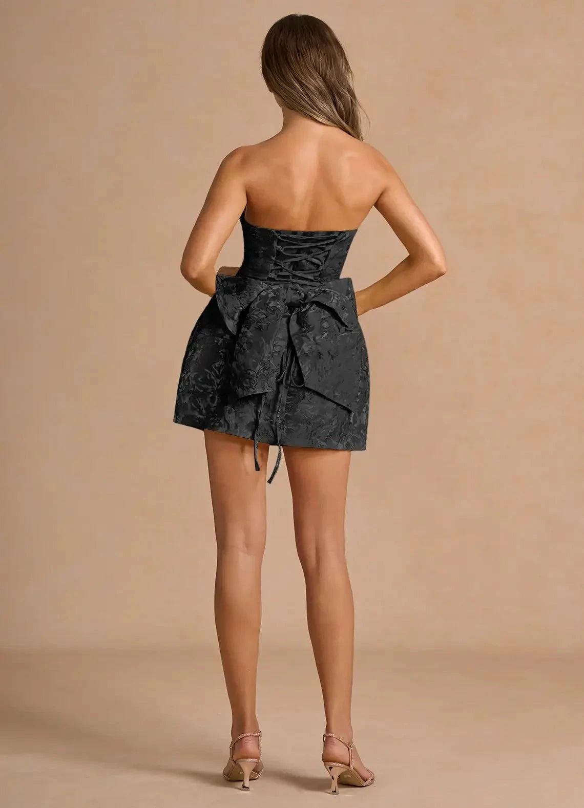 Black Strapless Jacquard Mini Dress with Lace - Up Back and Bow Detail Hadleigh Black Mini Dress Homecoming Dresses by YiHuiw