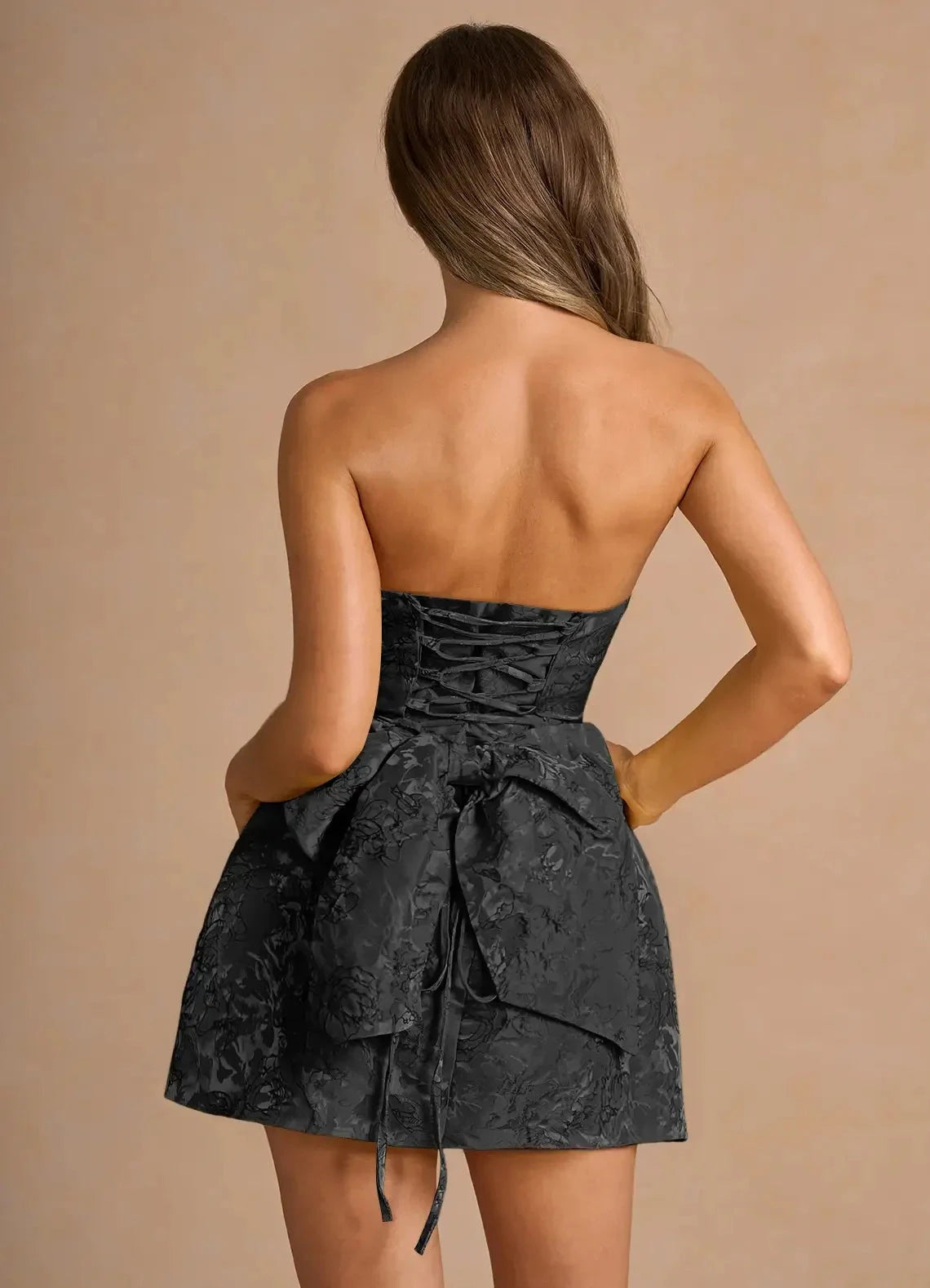 Black Strapless Jacquard Mini Dress with Lace - Up Back and Bow Detail Hadleigh Black Mini Dress Homecoming Dresses by YiHuiw