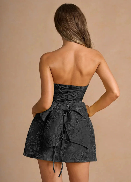 Black Strapless Jacquard Mini Dress with Lace - Up Back and Bow Detail Hadleigh Black Mini Dress Homecoming Dresses by YiHuiw