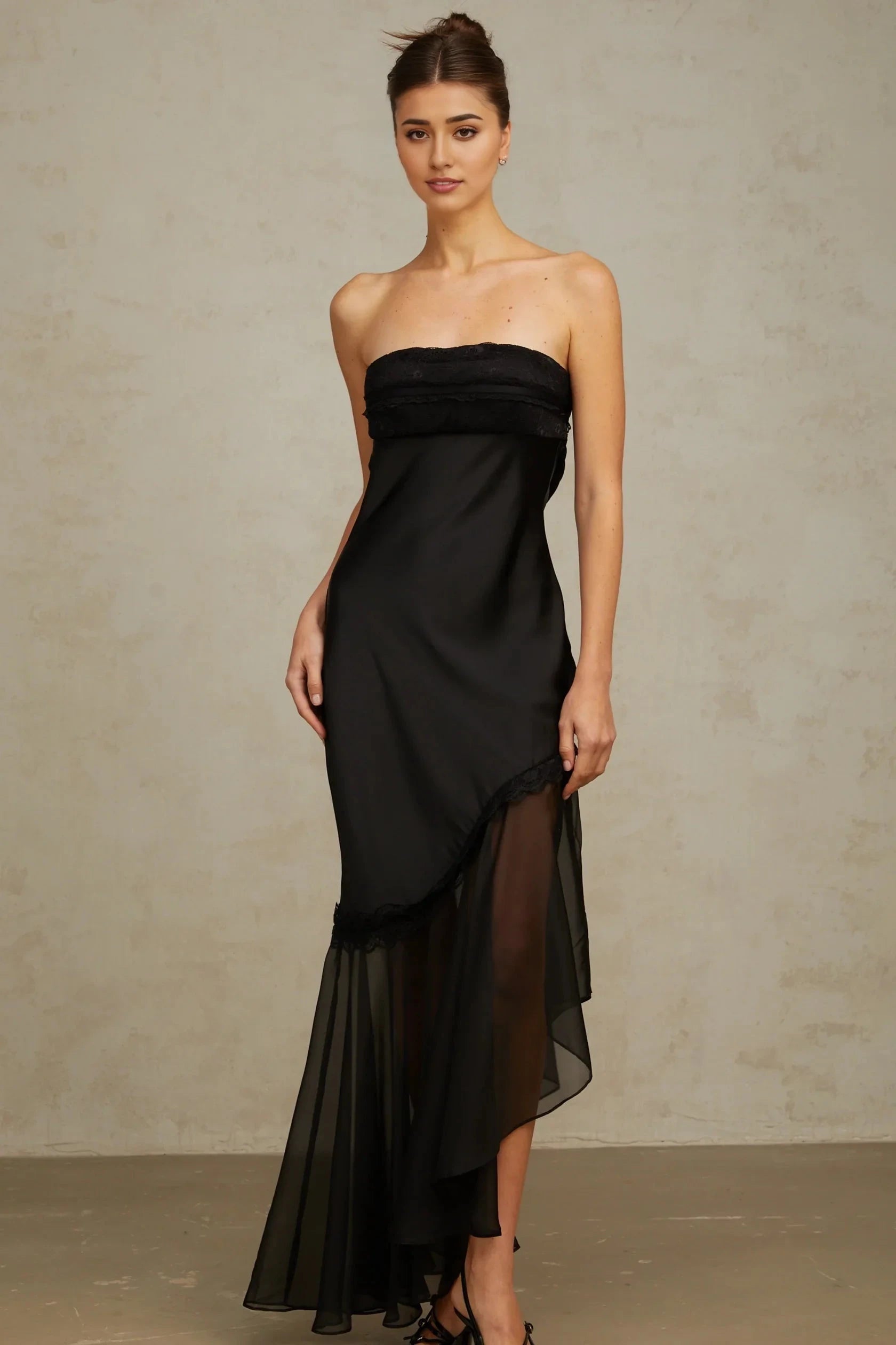 Black Strapless Lace Trim Asymmetric Maxi Dress Bernadette black tulle-panelling satin maxi dress by YiHuiw