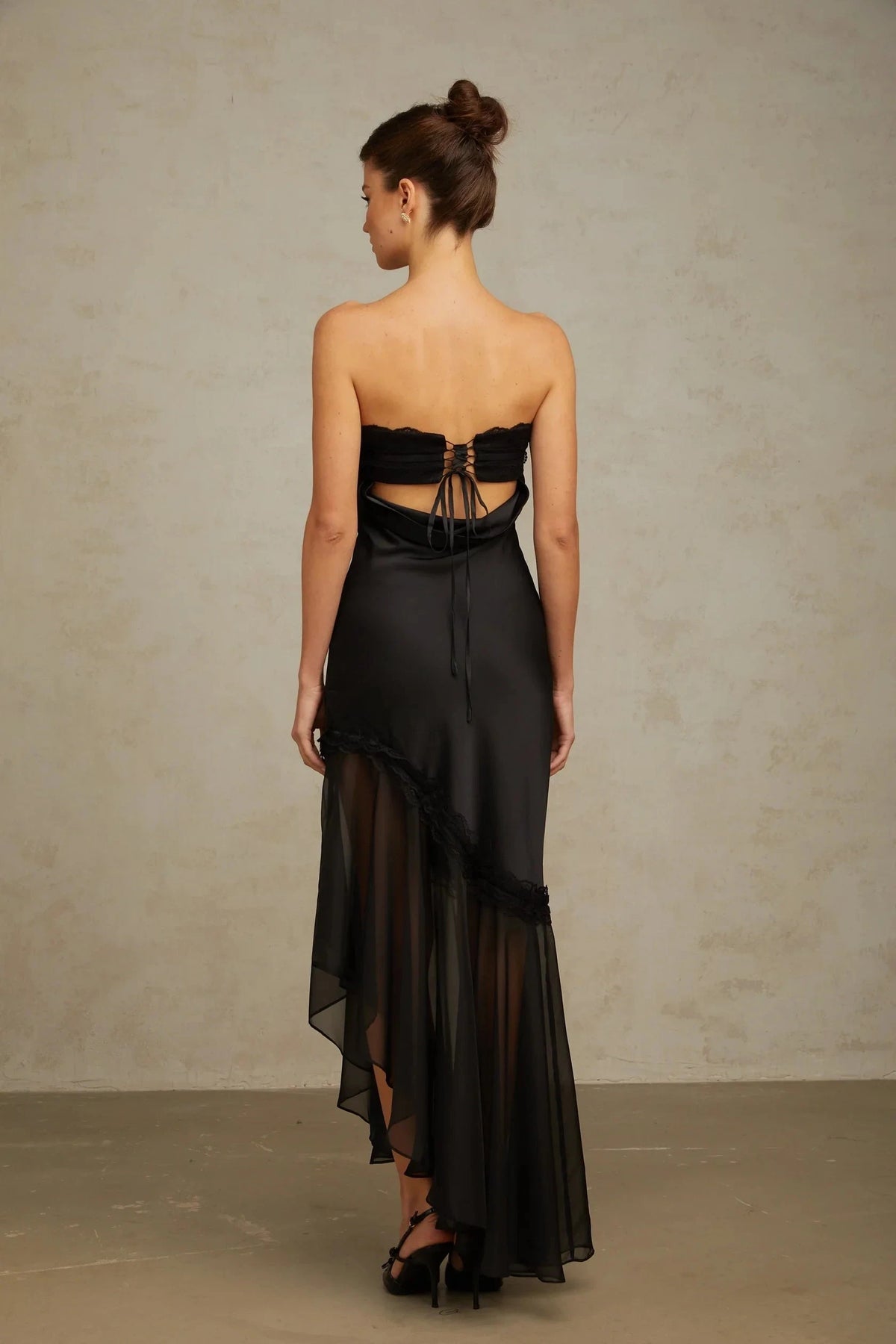 Black Strapless Lace Trim Asymmetric Maxi Dress Bernadette black tulle-panelling satin maxi dress by YiHuiw