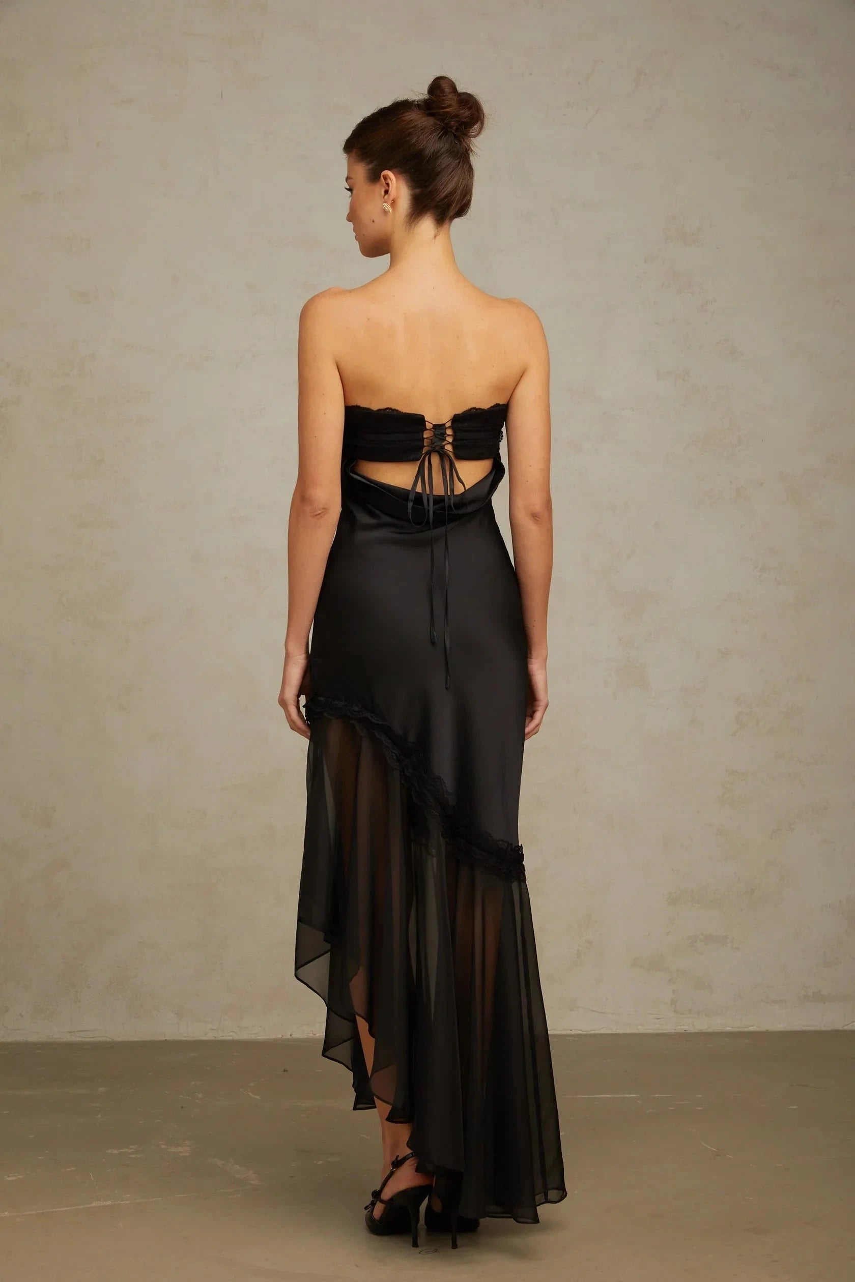 Black Strapless Lace Trim Asymmetric Maxi Dress Bernadette black tulle-panelling satin maxi dress by YiHuiw