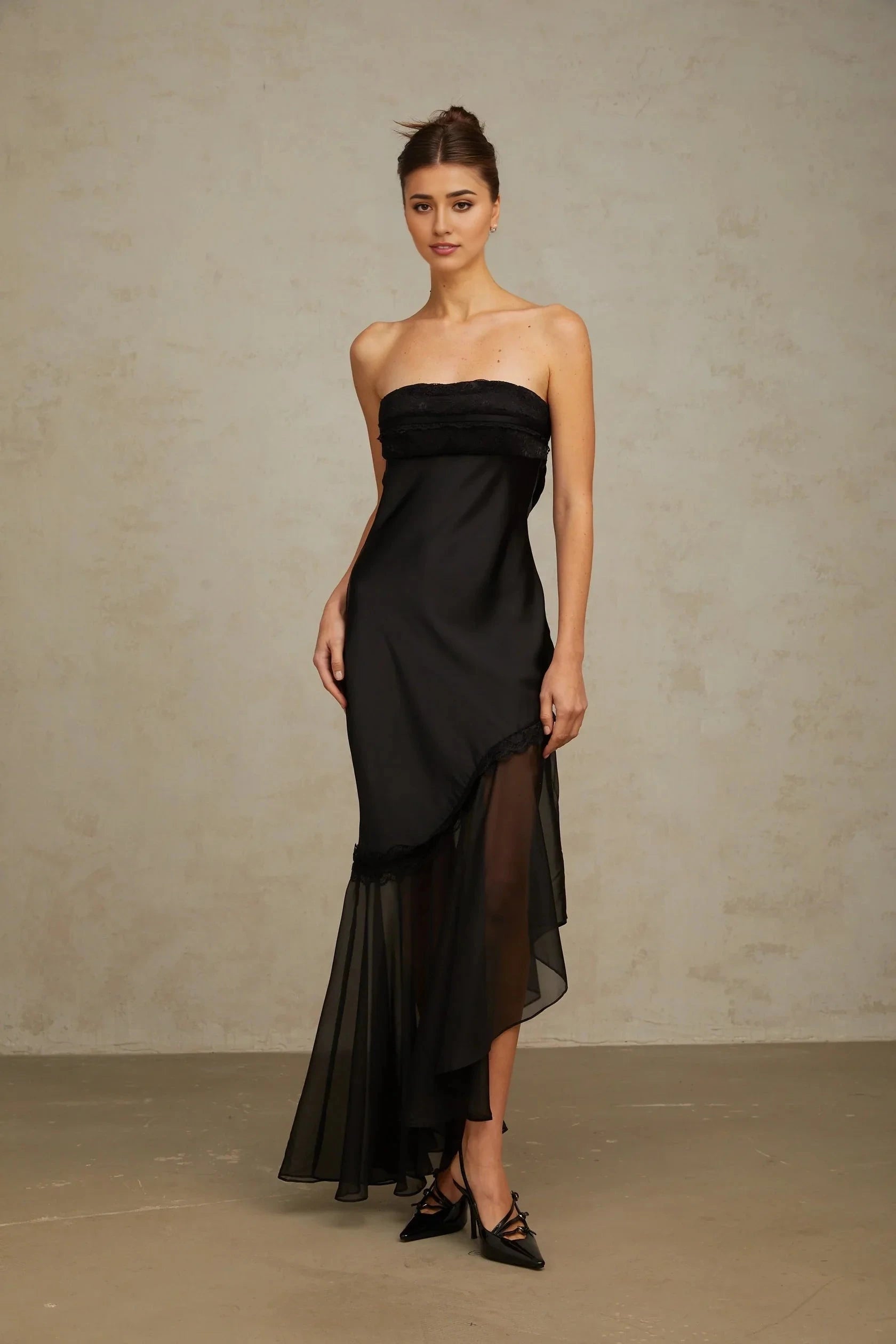 Black Strapless Lace Trim Asymmetric Maxi Dress Bernadette black tulle-panelling satin maxi dress by YiHuiw