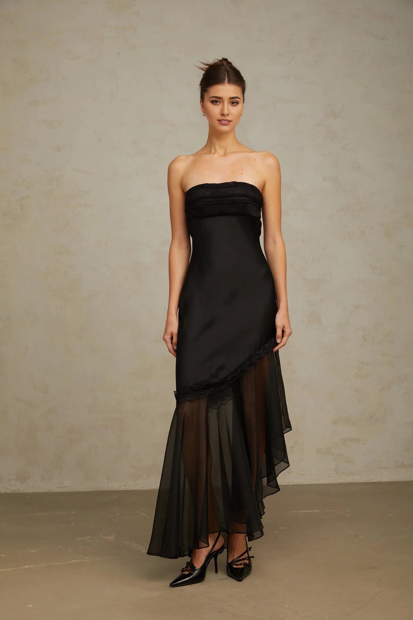 Black Strapless Lace Trim Asymmetric Maxi Dress Bernadette black tulle-panelling satin maxi dress by YiHuiw