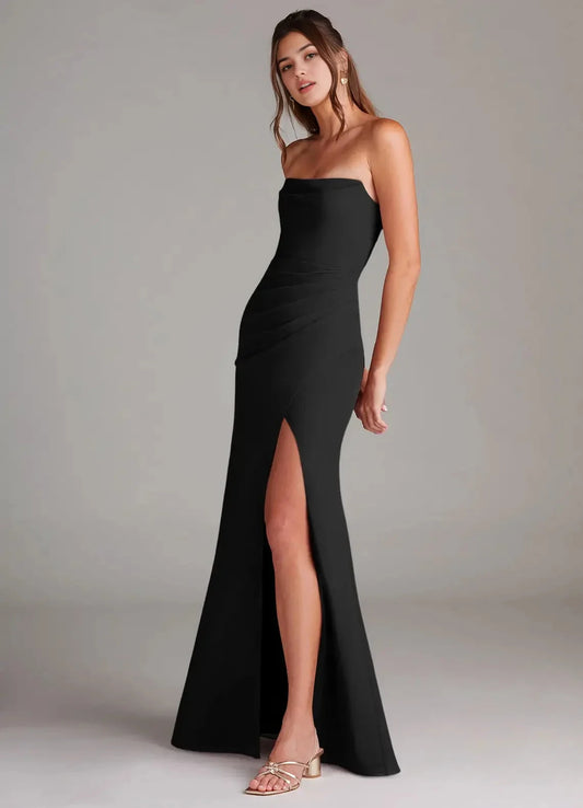 Black Strapless Maxi Dress with Back Cutout and Side Slit Black Sheath Strapless Chiffon Convertible Dress Bridesmaid Dresses by YiHuiw