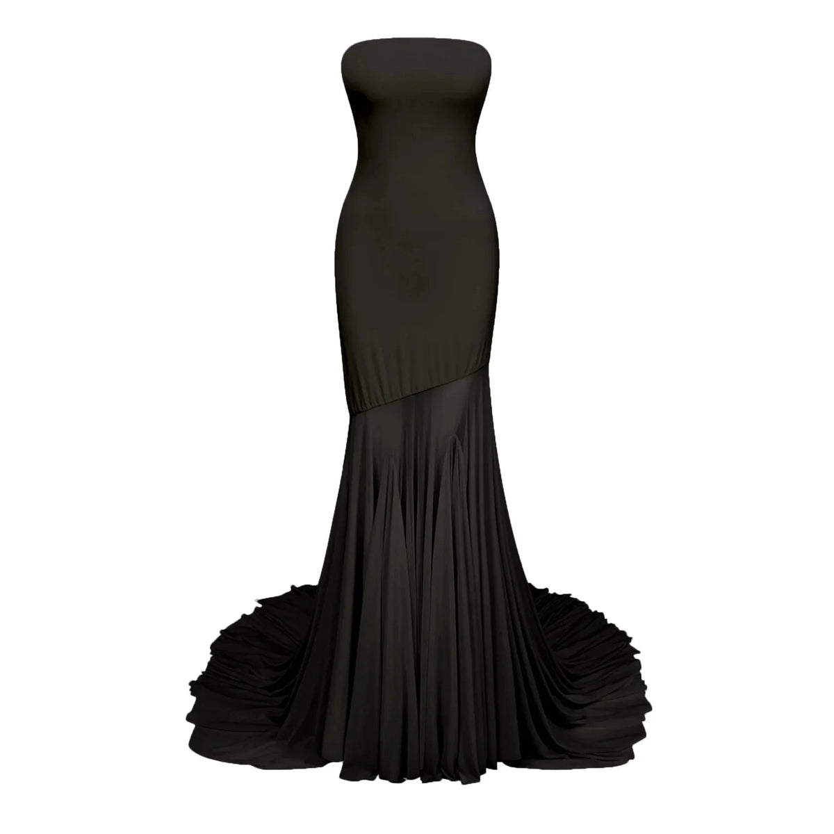 Black Strapless Maxi Dress with Dramatic Train Josiane Black Off-shoulder Sheer Tulle Maxi Dress Evening Dress by YiHuiw