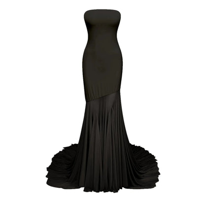 Black Strapless Maxi Dress with Dramatic Train Josiane Black Off-shoulder Sheer Tulle Maxi Dress Evening Dress by YiHuiw