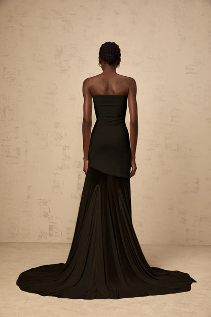 Black Strapless Maxi Dress with Dramatic Train Josiane Black Off-shoulder Sheer Tulle Maxi Dress Evening Dress by YiHuiw