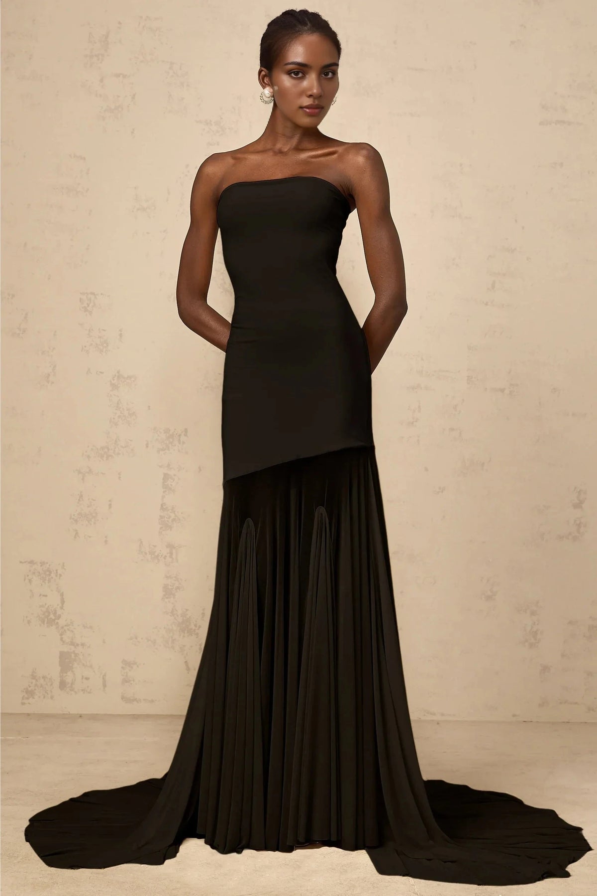 Black Strapless Maxi Dress with Dramatic Train Josiane Black Off-shoulder Sheer Tulle Maxi Dress Evening Dress by YiHuiw