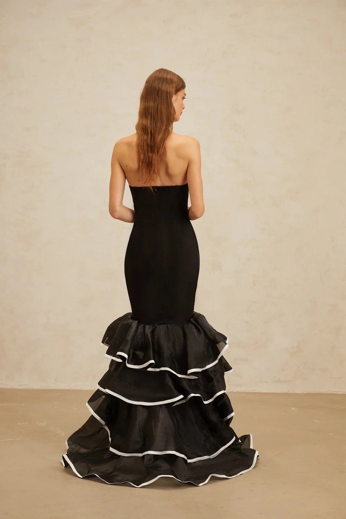 Black Strapless Mermaid Maxi Dress with Ruffled Hem Dianthe Black Ruffled Mermaid Tiered Maxi Dress Evening Dress by YiHuiw