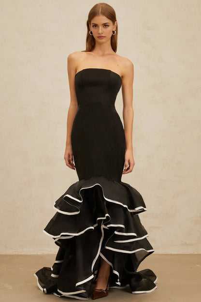 Black Strapless Mermaid Maxi Dress with Ruffled Hem Dianthe Black Ruffled Mermaid Tiered Maxi Dress Evening Dress by YiHuiw