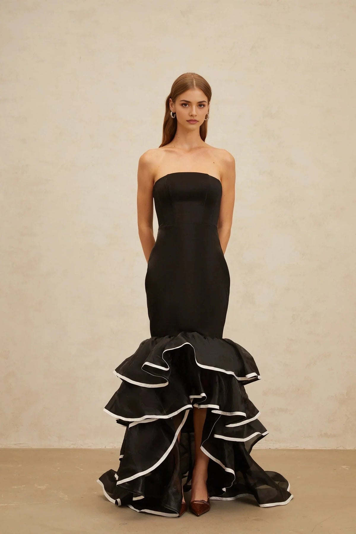 Black Strapless Mermaid Maxi Dress with Ruffled Hem Dianthe Black Ruffled Mermaid Tiered Maxi Dress Evening Dress by YiHuiw