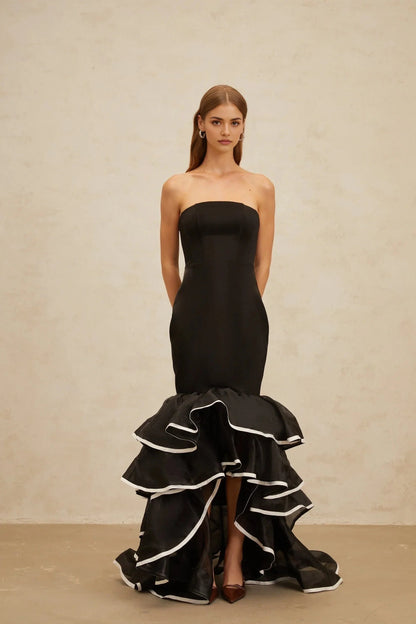 Black Strapless Mermaid Maxi Dress with Ruffled Hem Dianthe Black Ruffled Mermaid Tiered Maxi Dress Evening Dress by YiHuiw