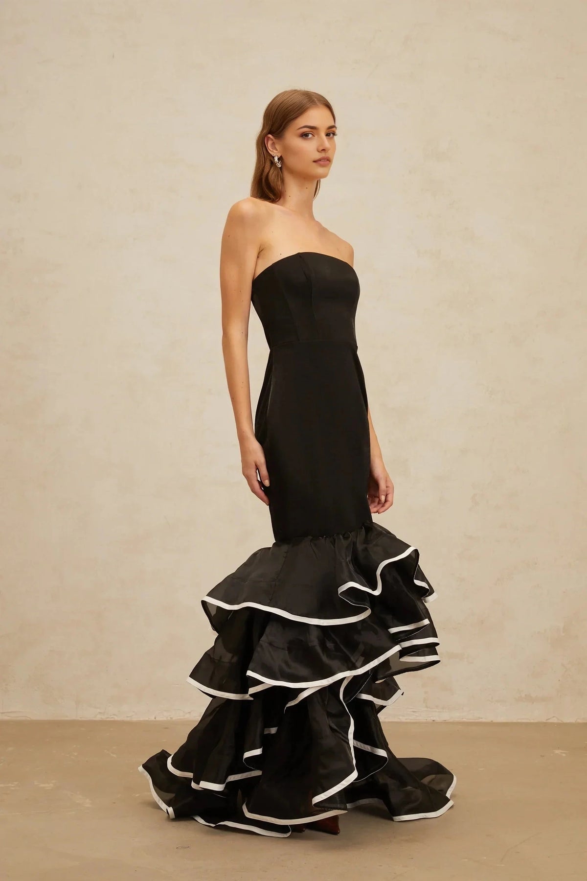 Black Strapless Mermaid Maxi Dress with Ruffled Hem Dianthe Black Ruffled Mermaid Tiered Maxi Dress Evening Dress by YiHuiw