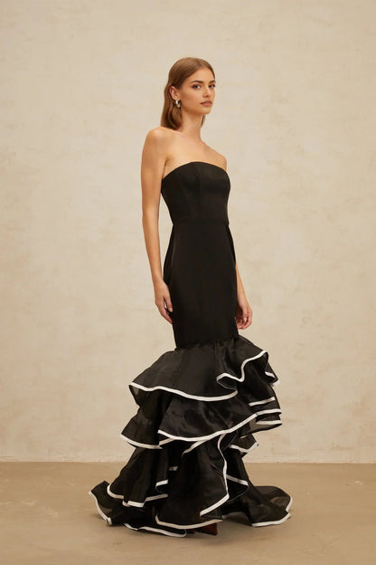Black Strapless Mermaid Maxi Dress with Ruffled Hem Dianthe Black Ruffled Mermaid Tiered Maxi Dress Evening Dress by YiHuiw