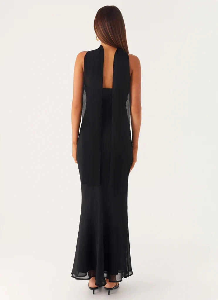 Black Strapless Mermaid Maxi Dress with Scarf Detail Strapless neckline Bridesmaid Dresses by YiHuiw