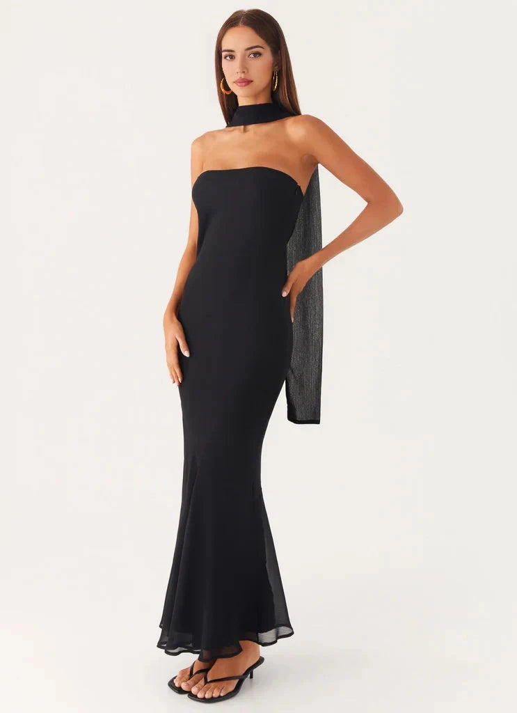 Black Strapless Mermaid Maxi Dress with Scarf Detail Strapless neckline Bridesmaid Dresses by YiHuiw