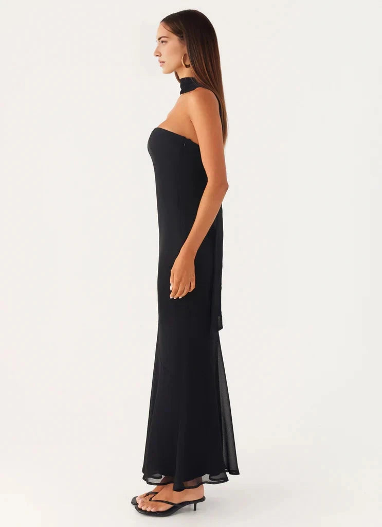 Black Strapless Mermaid Maxi Dress with Scarf Detail Strapless neckline Bridesmaid Dresses by YiHuiw