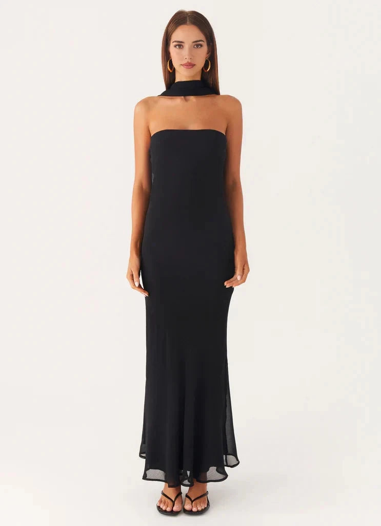 Black Strapless Mermaid Maxi Dress with Scarf Detail Strapless neckline Bridesmaid Dresses by YiHuiw