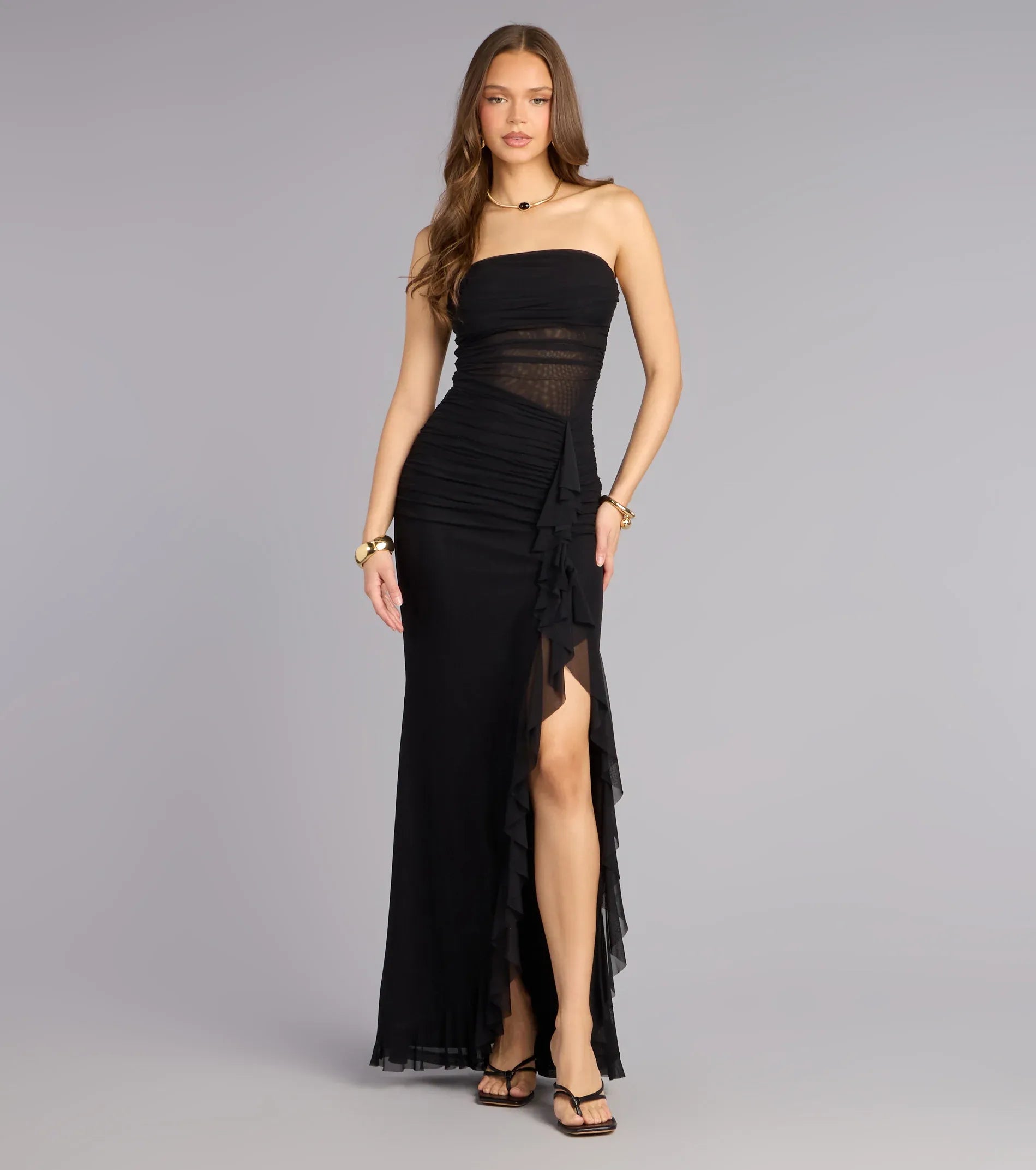 Black Mermaid Strapless Mesh High Slit Floor-Length Formal Dress - Yihuiw by Yihuiw