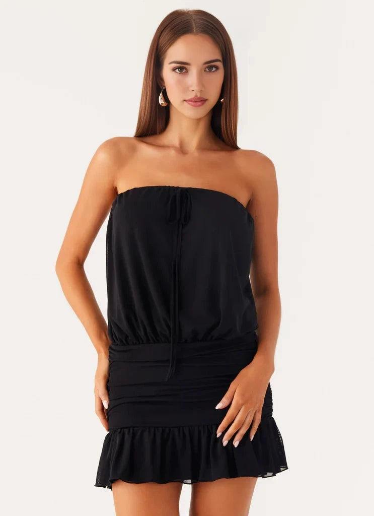 Black Strapless Mini Dress with Open Back and Ruffled Hem Front tie detailing Bridesmaid Dresses by YiHuiw