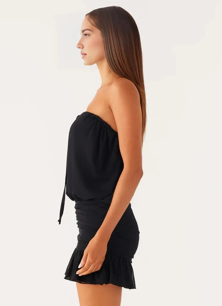 Black Strapless Mini Dress with Open Back and Ruffled Hem Front tie detailing Bridesmaid Dresses by YiHuiw