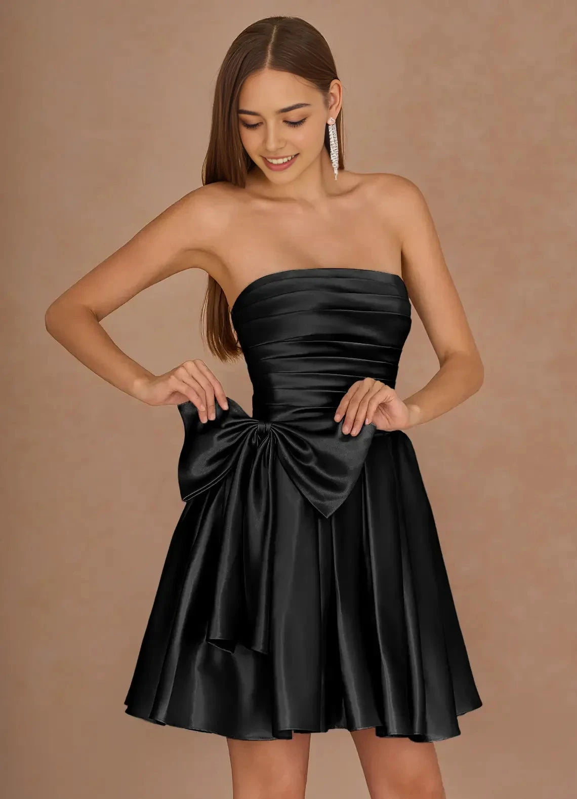 Black Strapless Mini Dress with Tiered Skirt and Bow Detail Aurae Black Mini Dress Homecoming Dresses by YiHuiw