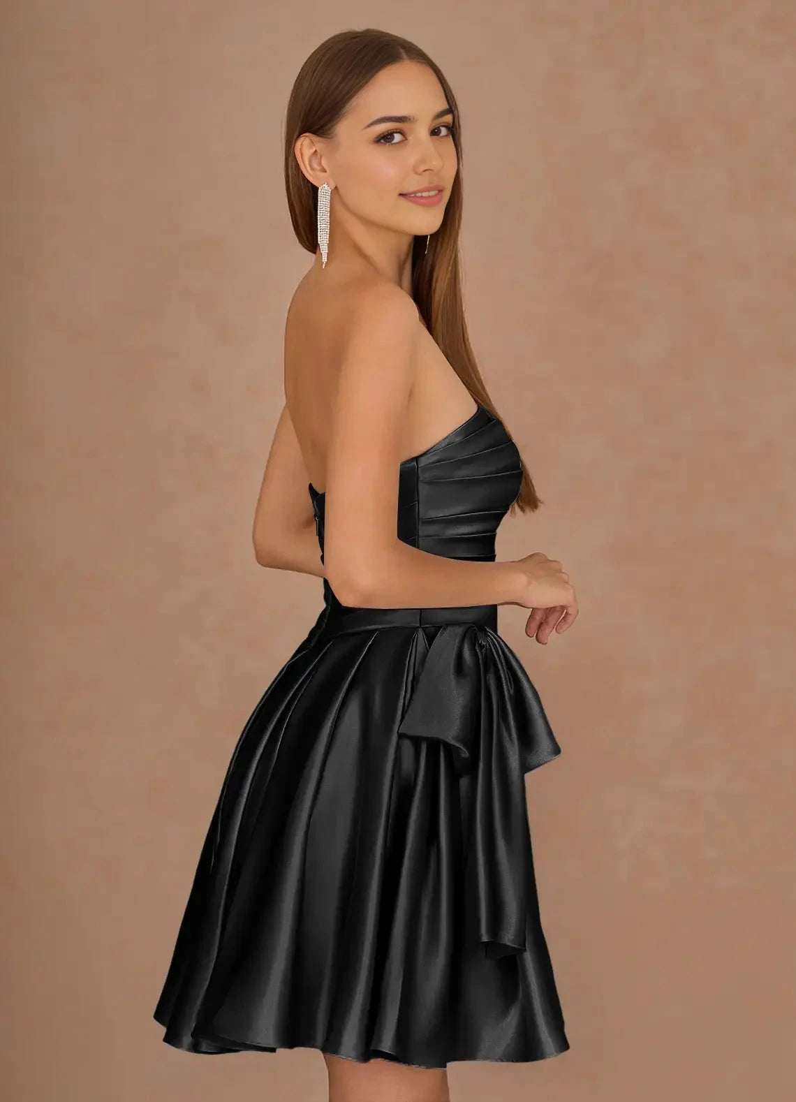 Black Strapless Mini Dress with Tiered Skirt and Bow Detail Aurae Black Mini Dress Homecoming Dresses by YiHuiw