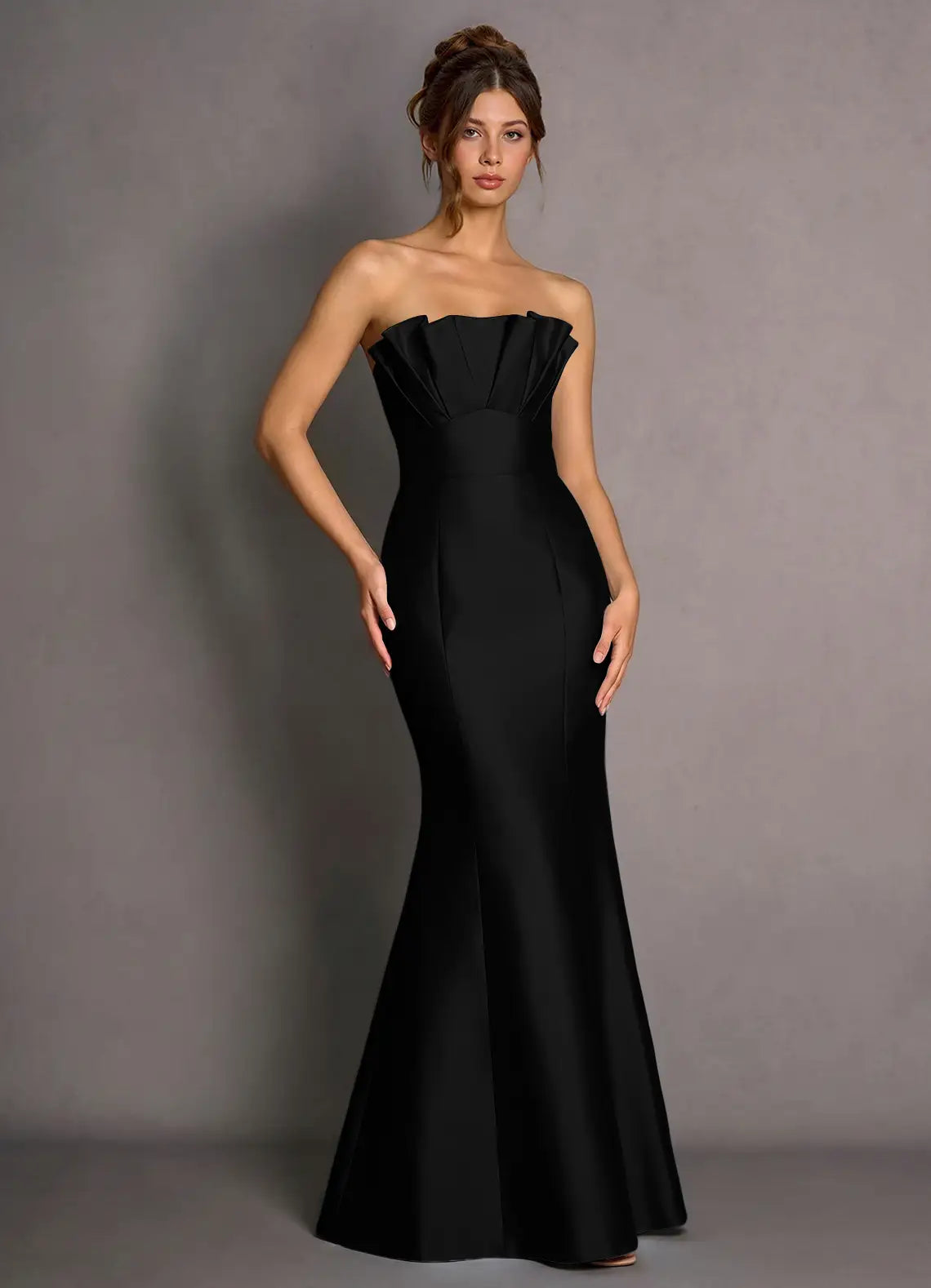Black Mermaid Strapless Satin Pleated Floor-Length Wedding Dress - Yihuiw by Yihuiw