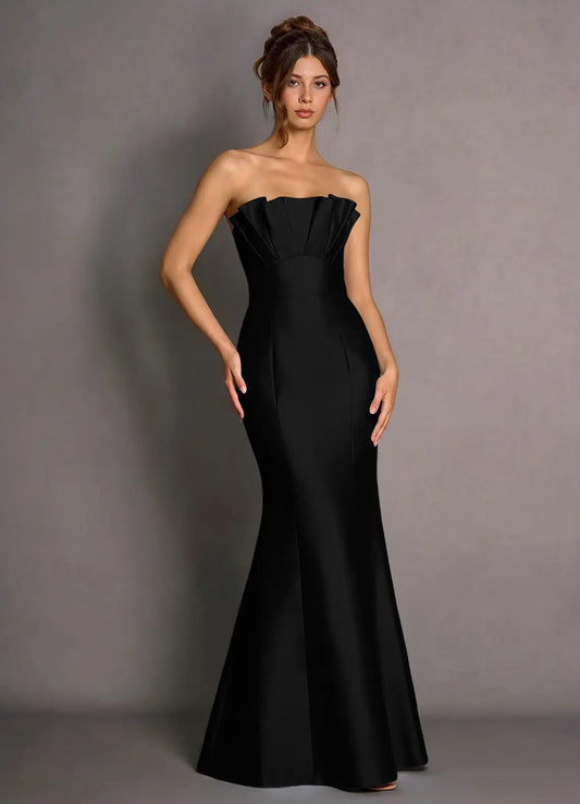 Black Mermaid Strapless Satin Pleated Floor-Length Wedding Dress - Yihuiw by Yihuiw