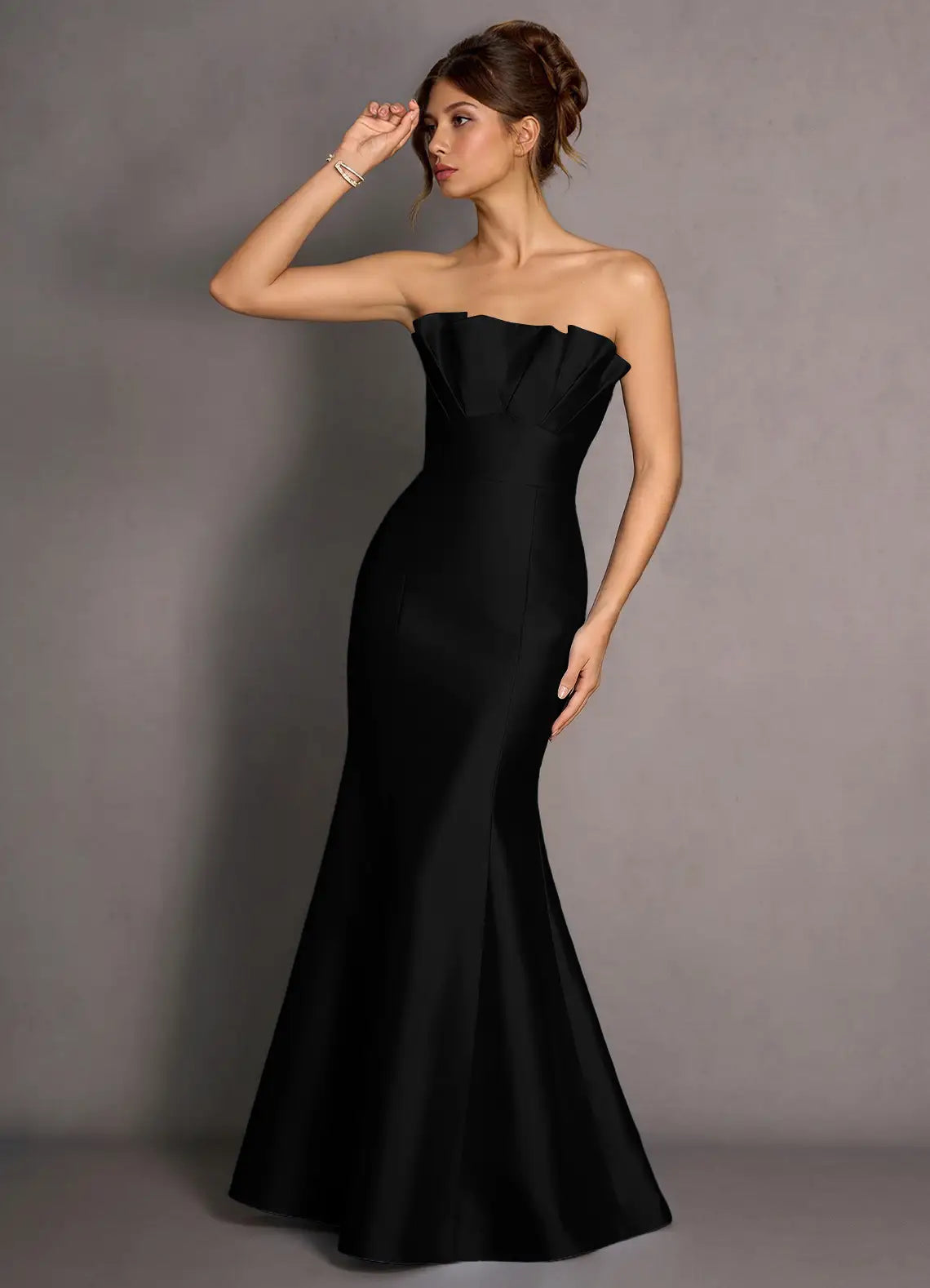 Black Mermaid Strapless Satin Pleated Floor-Length Wedding Dress - Yihuiw by Yihuiw