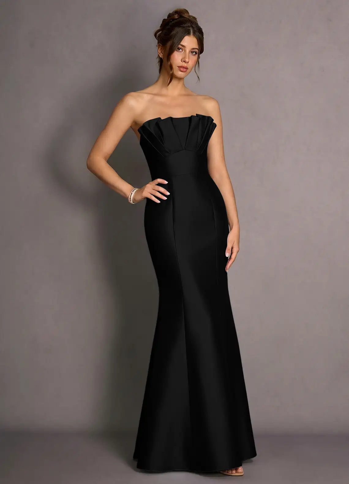 Black Mermaid Strapless Satin Pleated Floor-Length Wedding Dress - Yihuiw by Yihuiw