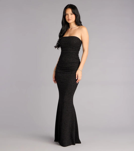 Black Mermaid Strapless Ruched Floor-Length Wedding Dress - Yihuiw by Yihuiw