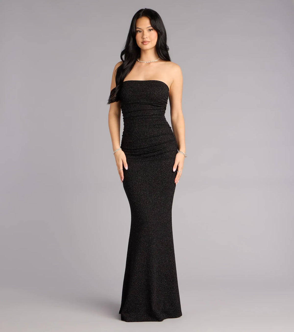 Black Mermaid Strapless Ruched Floor-Length Wedding Dress - Yihuiw by Yihuiw