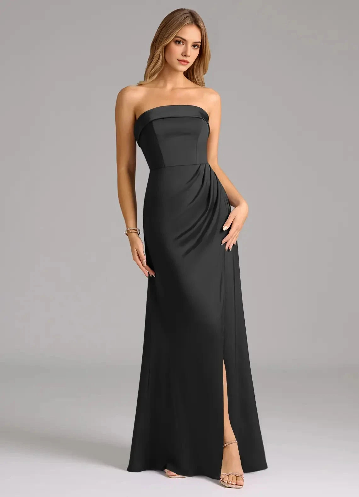 Black Strapless Satin Evening Gown with Side Slit A-Line Stretch Satin Convertible Dress Bridesmaid Dresses by YiHuiw