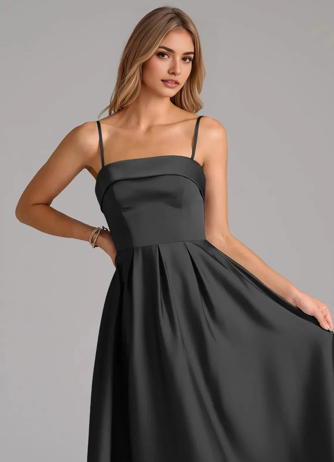 Black Strapless Satin Maxi Dress with Flared Skirt Black A-Line Strapless Stretch Satin Convertible Dress Bridesmaid Dresses by YiHuiw