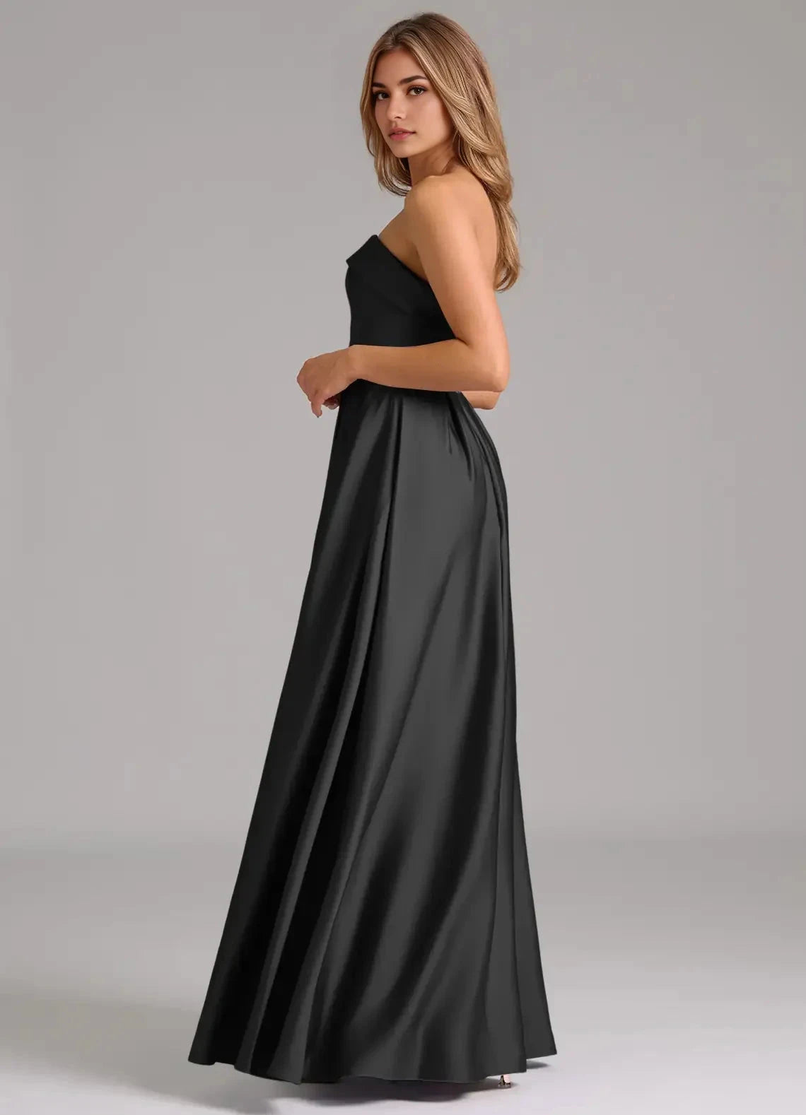 Black Strapless Satin Maxi Dress with Flared Skirt Black A-Line Strapless Stretch Satin Convertible Dress Bridesmaid Dresses by YiHuiw