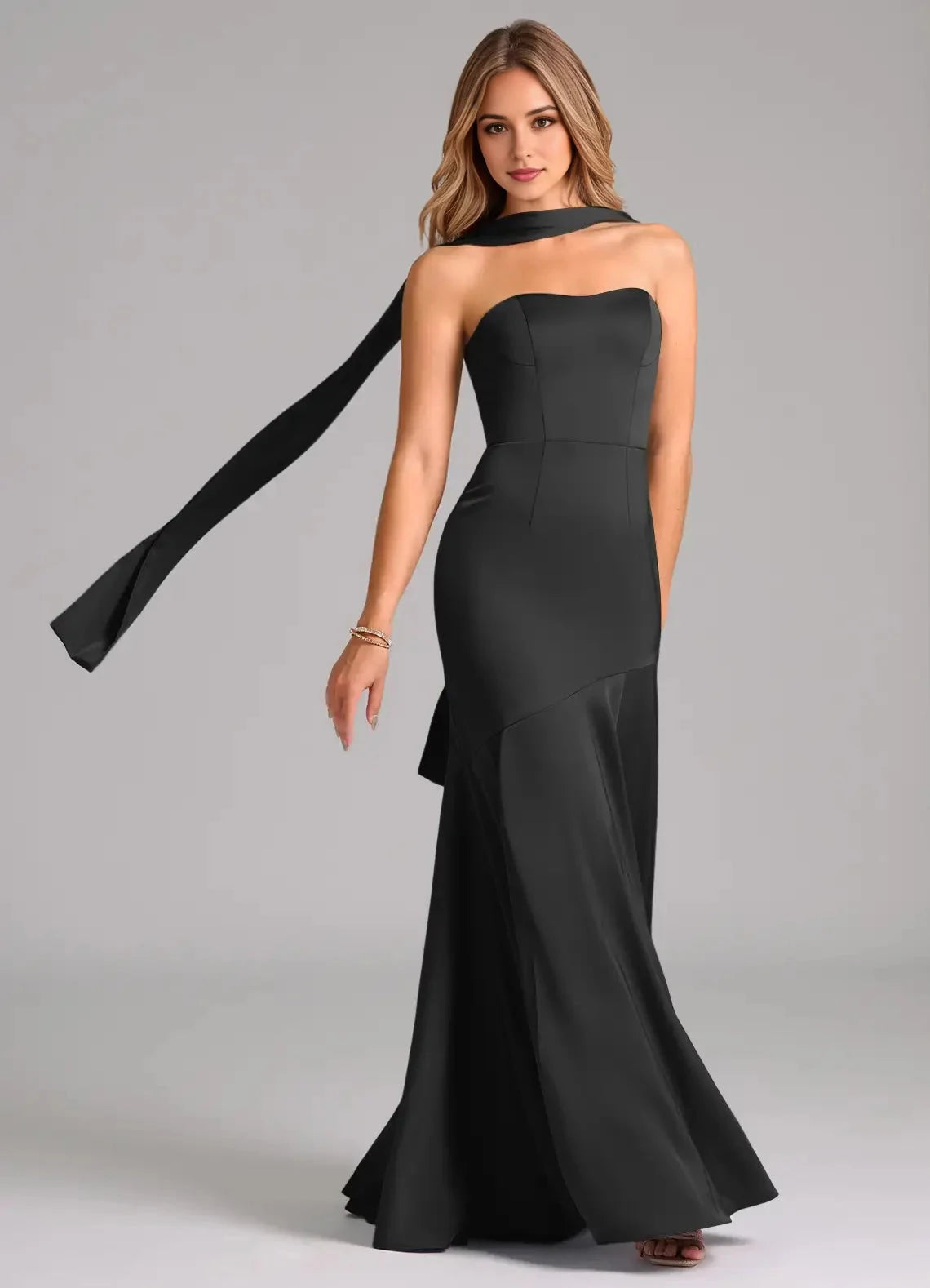 Black Strapless Satin Maxi Dress with Long Scarf Detail Mermaid Stretch Convertible Dress Bridesmaid Dresses by YiHuiw
