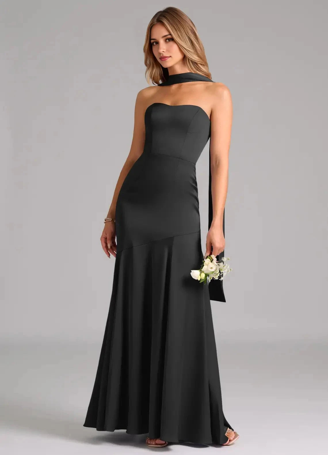 Black Strapless Satin Maxi Dress with Long Scarf Detail Mermaid Stretch Convertible Dress Bridesmaid Dresses by YiHuiw