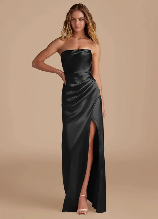 Black Strapless Satin Maxi Dress with Open Back and Side Slit Mermaid Pleated Metallic Satin Convertible Dress Bridesmaid Dresses by YiHuiw