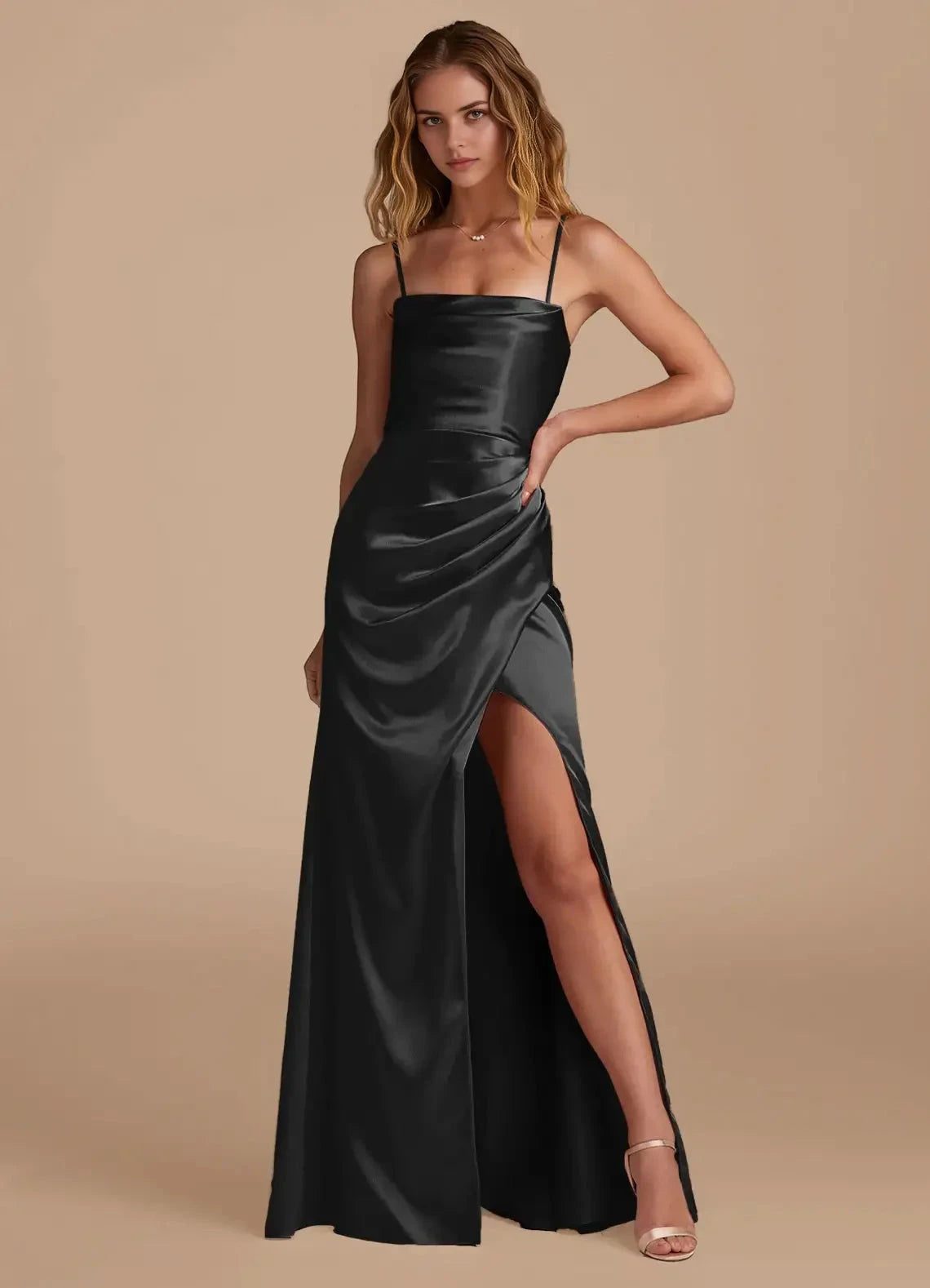 Black Strapless Satin Maxi Dress with Open Back and Side Slit Mermaid Pleated Metallic Satin Convertible Dress Bridesmaid Dresses by YiHuiw