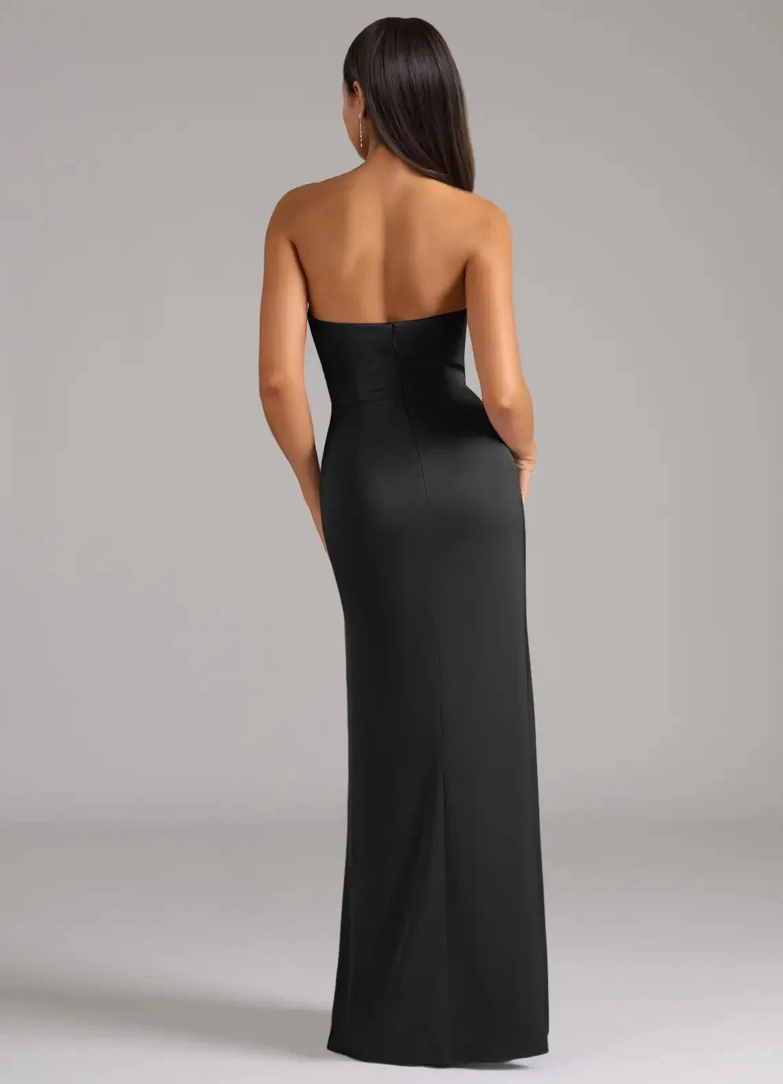 Black Strapless Satin Maxi Dress with Side Slit Sheath Stretch Convertible Bridesmaid Dresses by YiHuiw