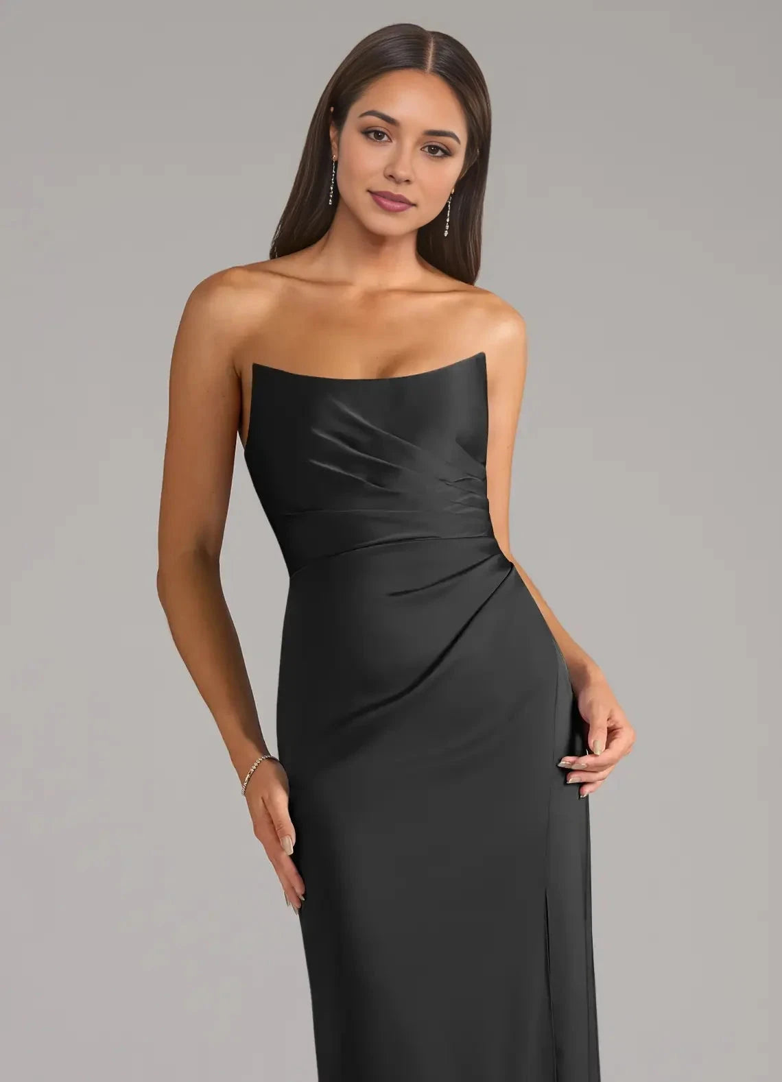 Black Strapless Satin Maxi Dress with Side Slit Sheath Stretch Convertible Bridesmaid Dresses by YiHuiw