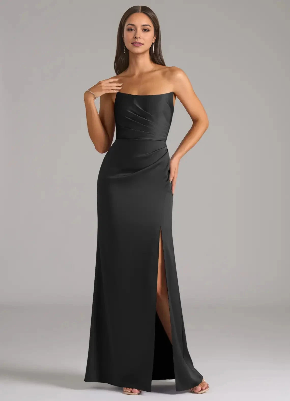 Black Strapless Satin Maxi Dress with Side Slit Sheath Stretch Convertible Bridesmaid Dresses by YiHuiw